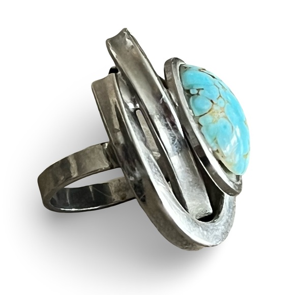 Vintage 70s Stainless Steel Turquoise Modernist Statememt Ring Size 5 - Picture 2 of 5